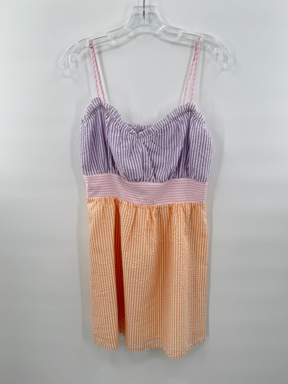 Seersucker Striped Spaghetti Strap Sundress Sz Large Pastel Purple, Orange, Pink